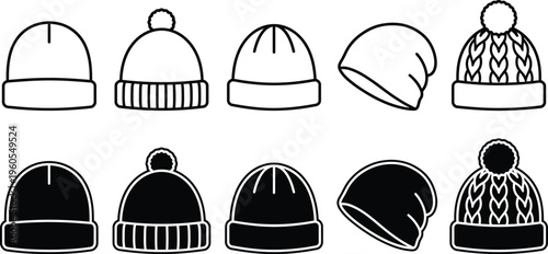 Collection of various knitted hats and headwear illustrations