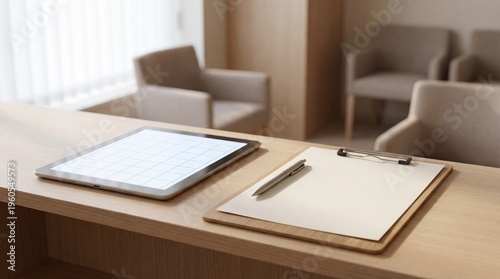 Wallpaper Mural Clean office desk setup featuring a clipboard, tablet, and pen in a neutral-toned environment. Represents organization, planning, and professional workflow. Torontodigital.ca