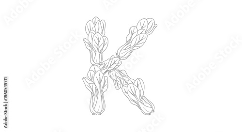 Monochromatic vegetable outline forming letter K for healthy alphabet design element