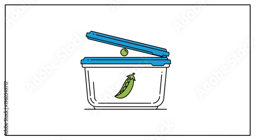 Minimalist illustration of a fresh green pea pod and a single pea with an open blue food storage