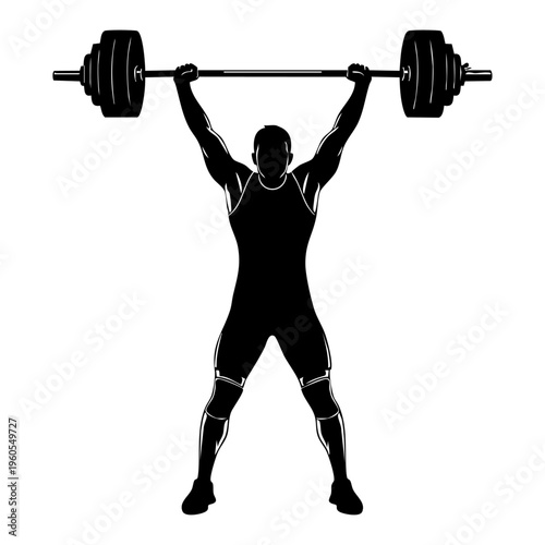 Strong male weightlifter silhouette lifting heavy barbell overhead white background