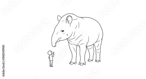 A small human observes a grand tapir, illustrating the vastness of natural scale