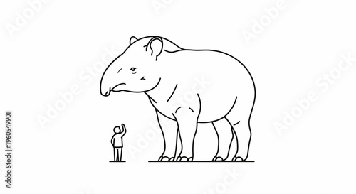 Simplified line illustration of a large tapir encountering a small human demonstrating scale