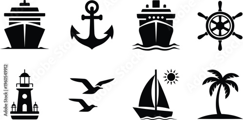 Collection of black silhouette icons for a cruise ship anchor lighthouse and tropical vacation elements