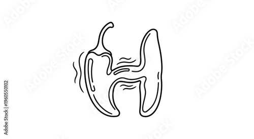 Creative black and white outline illustration fusing a spicy chili pepper with the initial letter H