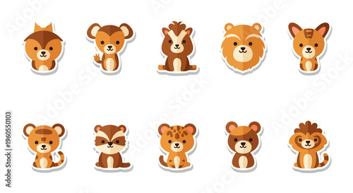 Cute cartoon animals including lion, bear, raccoon, and tiger are sitting in a playful arrangement.