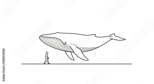 Profound illustration of immense whale size next to a human figure highlighting nature's grandeur