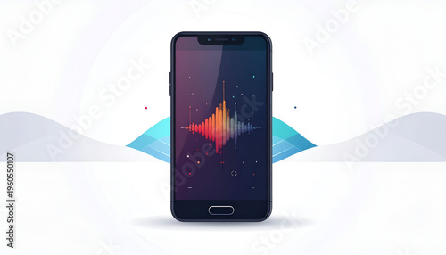 Modern smartphone display showing audio wave spectrum against abstract background
