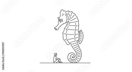 A moment of tranquil contemplation as a small human sits beside a magnificent, oversized seahorse