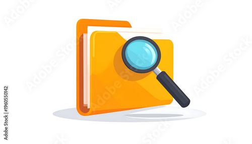 Orange folder with magnifying glass icon illustration for file search or information