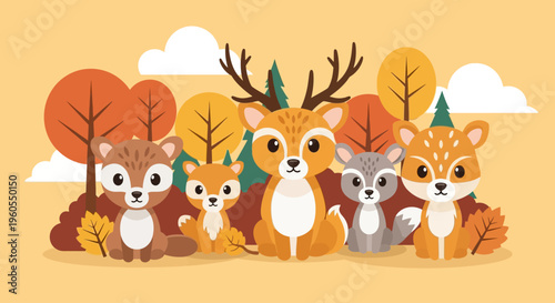 Autumn scene with deer, fawn, squirrel, chipmunk, and fox sitting together in forest