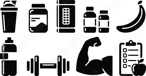 Collection of black silhouette symbols for fitness activities and nutritional products