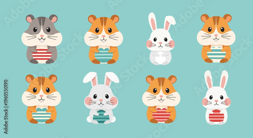Cute animals wearing clothes hold objects on cyan background