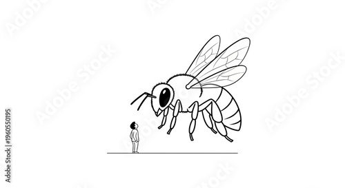 Intriguing minimalist illustration of a tiny person encountering a colossal honeybee creature