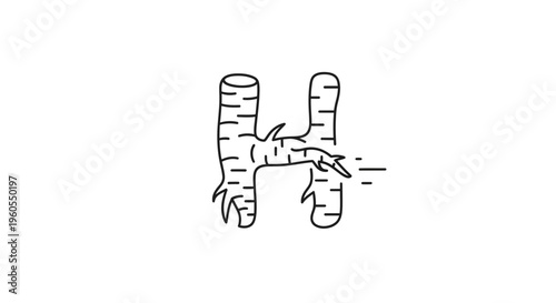 Organic tree bark letter H with a swift sprouting branch and motion lines illustration