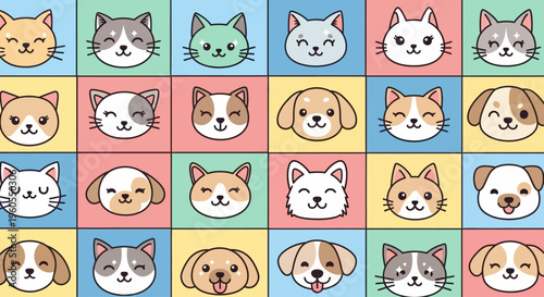 The collage showcases various dog and cat faces in colorful squares.