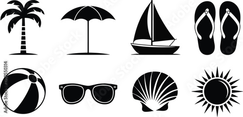 Collection of essential black summer vacation and beach holiday icons on a clean white background