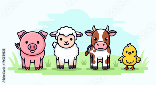 Farm animals standing on green grass in a field together outdoors