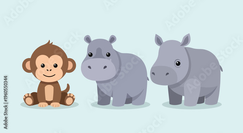 A monkey sits next to two hippos in a playful scene outdoors