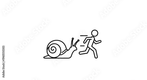 Ironic pursuit: A stick figure sprinting in exaggerated fear from a rapidly advancing snail vector