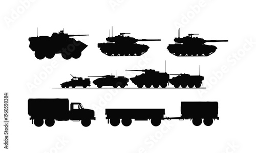 Ground transport and mobile artillery vector silhouette illustration for military logistics