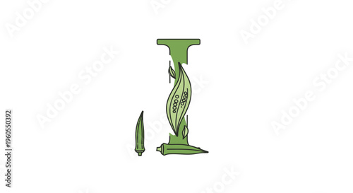 Illustrative green 'I' formed from fresh okra vegetables and organic leaves for healthy eating