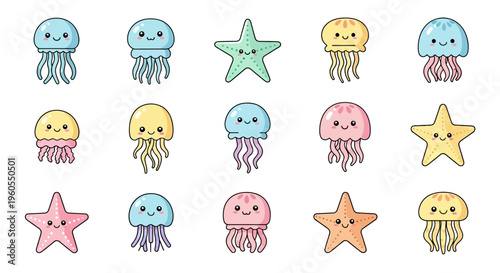 Colorful cartoon jellyfish and starfish swim together in ocean