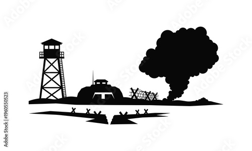 Military base scene silhouette with watchtower bunker and explosion cloud vector graphics