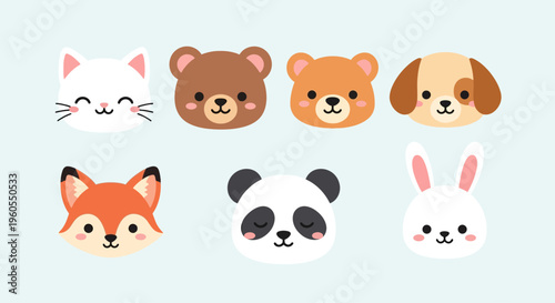 Cute cartoon animal faces illustration including cat, bear, dog, fox, panda, and rabbit.
