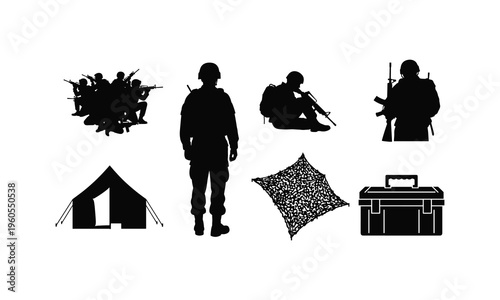 Military camp life and infantry squad vector silhouette illustration for army training set