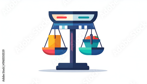 Scale balancing box with apples and tomatoes in basket vector illustration