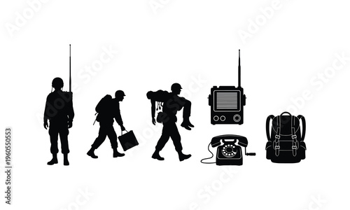 Military communication and rescue silhouette set with radio operator and medic vector art