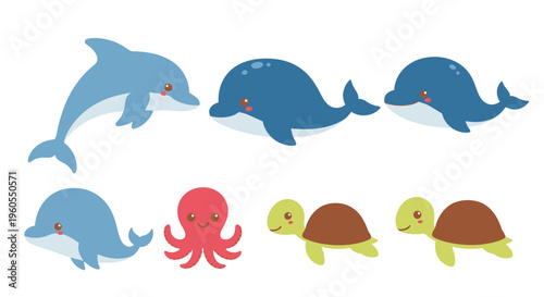 Marine animals dolphins turtles and octopus interact in ocean