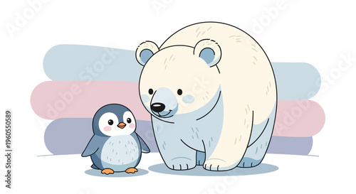 A polar bear and a penguin are standing together on the ice.
