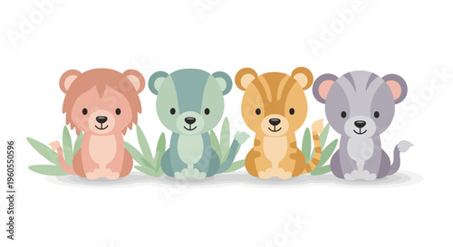 Four cute cartoon animals sitting together outdoors in a natural setting