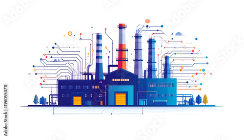 Smart industrial factory illustration with connected lines and modern design