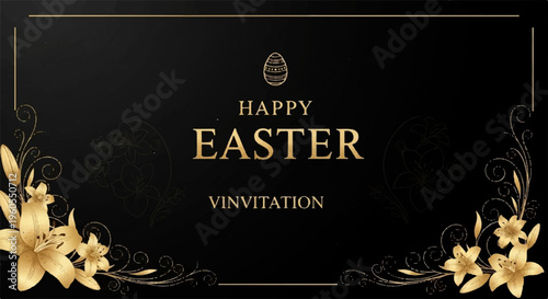 Easter celebration invitation card with golden flowers on black background for holiday greeting