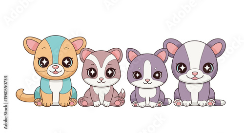 Cute cartoon animals including a tiger kitten and puppies sitting together
