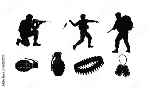 Modern soldier silhouettes with grenade and ammunition belt equipment vector illustration