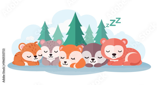 Cute animals sleeping peacefully together in forest