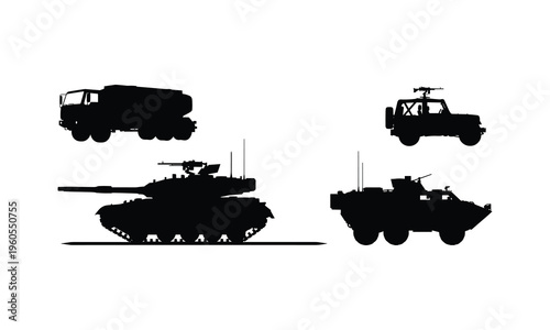 Military vehicles vector silhouette illustration, tank, jeep, truck, armored personnel carrier