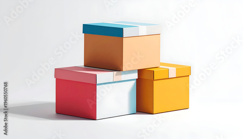 Stack of colorful pastel cardboard boxes with lids on white isolated backdrop