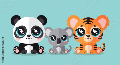 Three adorable cartoon animals panda koala tiger sitting together on blue