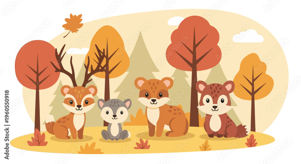 Naklejka premium Autumn forest scene with animals sitting together peacefully outdoors