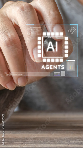 A close-up of a hand holding a metallic component features a virtual holographic overlay showing AI Agents and a command prompt, illustrating futuristic smart technology.