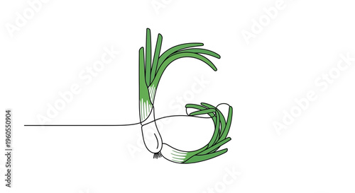 Minimalist line art illustration featuring a fresh green spring onion forming the letter G in a