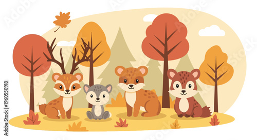 Autumn forest scene with animals sitting together peacefully outdoors