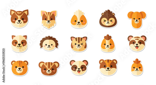 Various cartoon animal faces are shown in a grid.