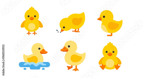 Six yellow cartoon ducks play swim and waddle on water