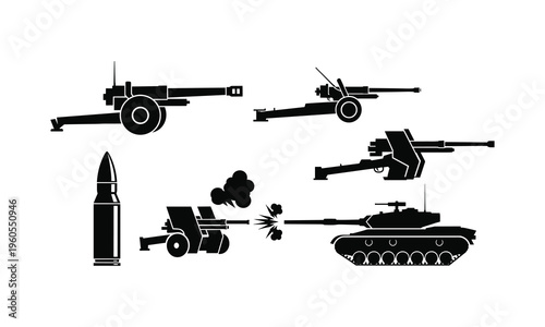 War weapons vector silhouette illustration artillery and tank